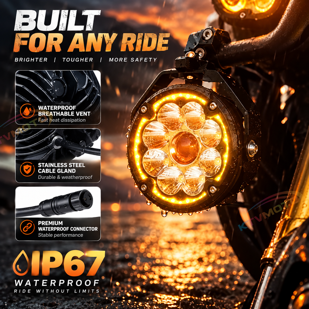 KTVMOTO Dual LED Motorcycle Driving Lights with Amber Halo-D28