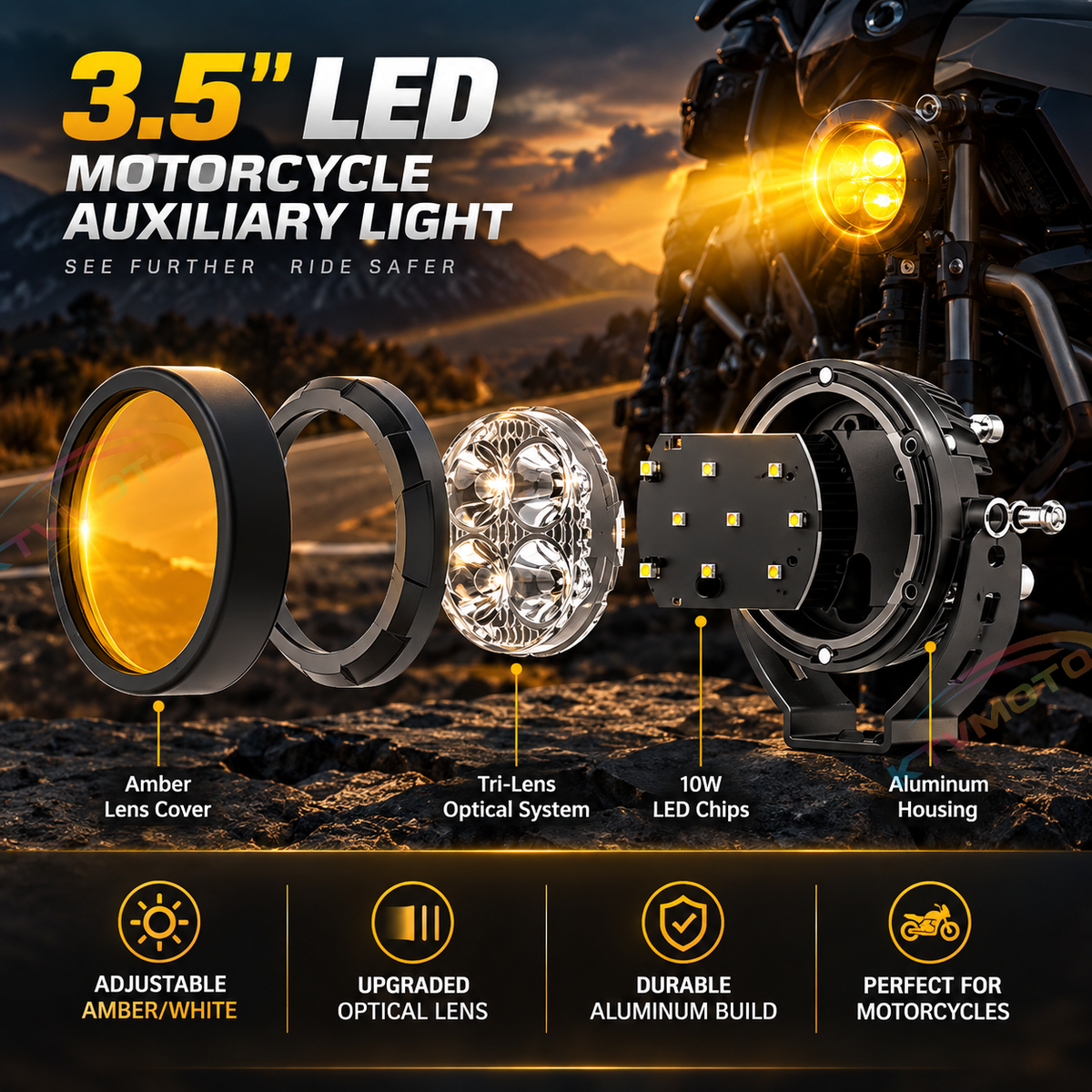 KTVMOTO Round LED Driving Lights with Amber Covers & Wiring Kit-D32