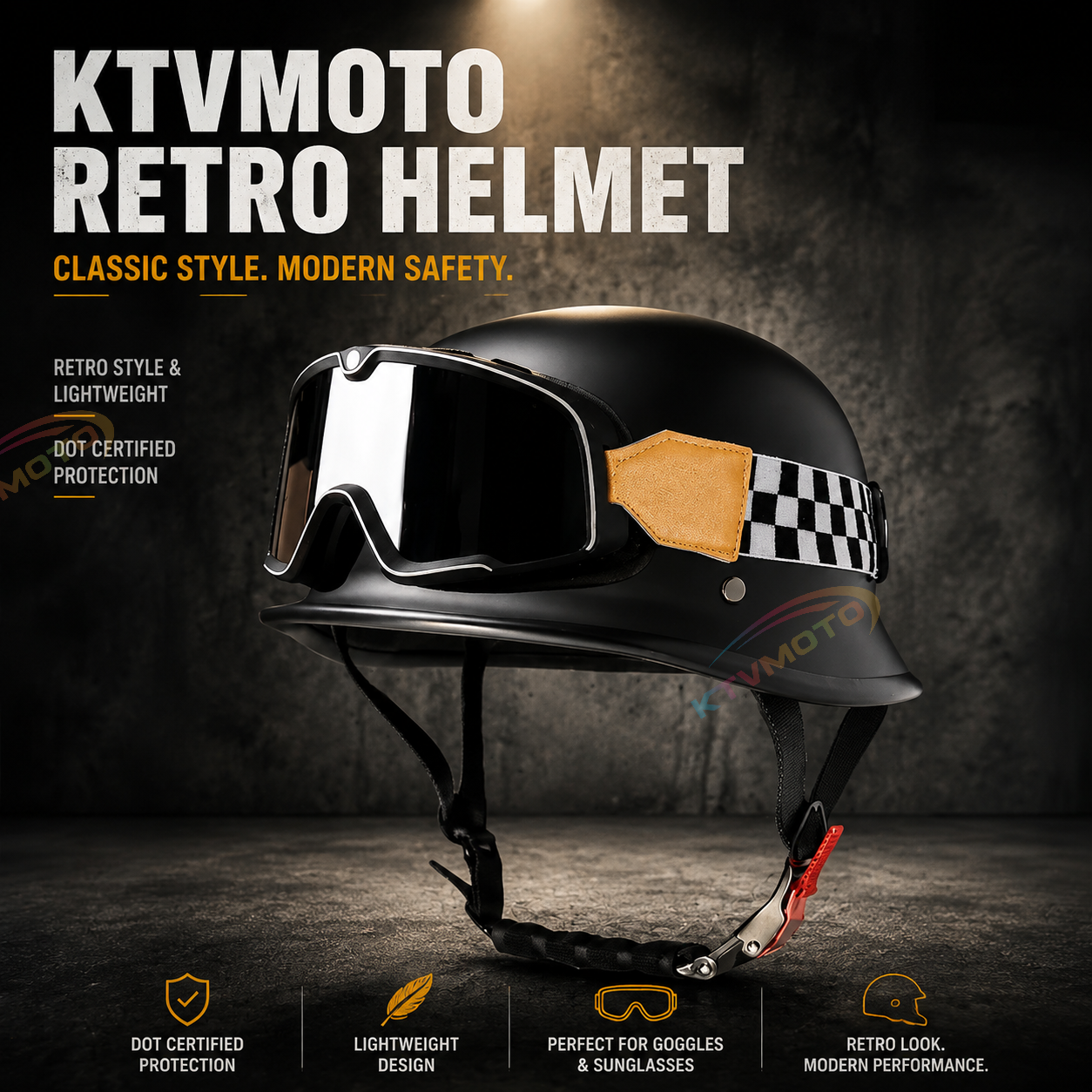 KTVMOTO Open Face Motorcycle Helmet with Goggles Classic Biker Helmet-I12