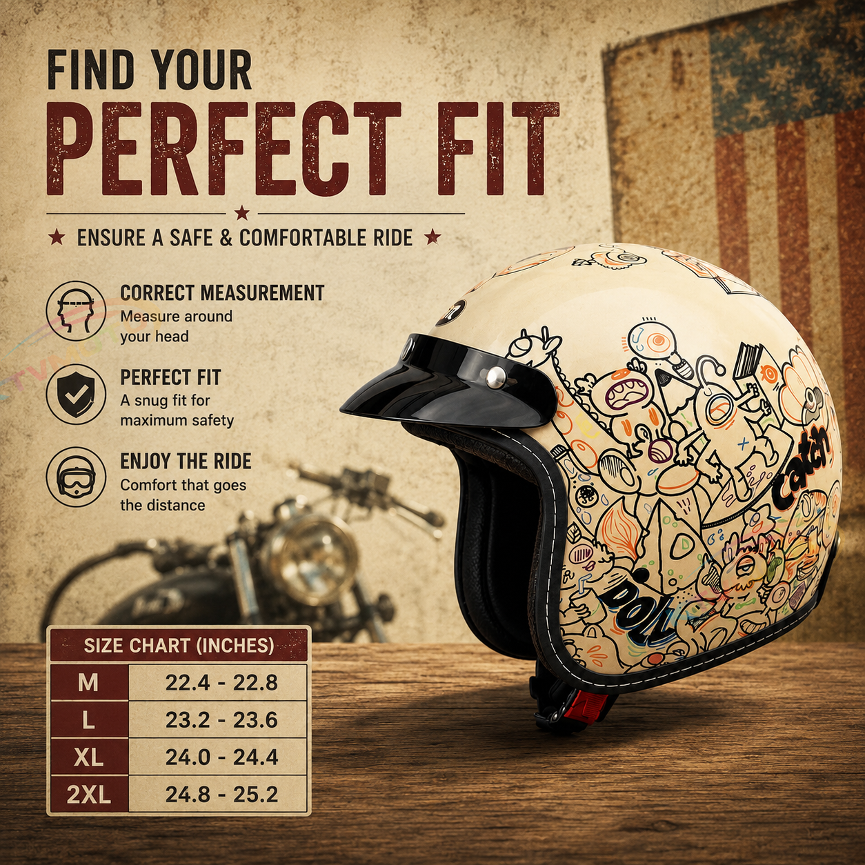 KTVMOTO Retro Open Face Motorcycle Helmet – Vintage Graphic Style-I21