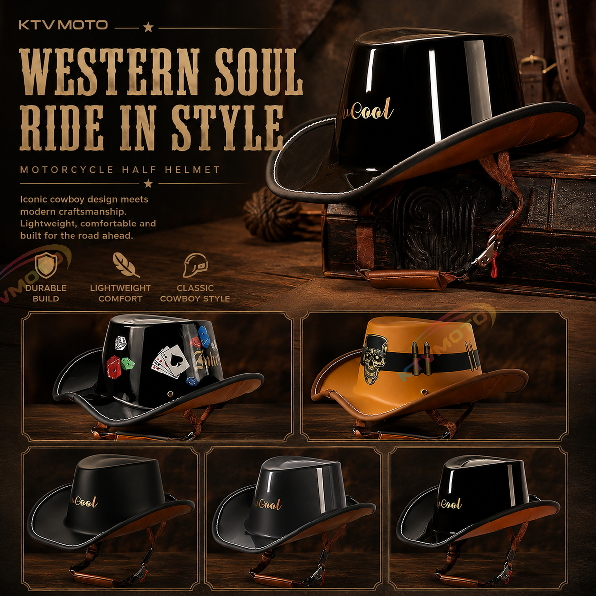 Cowboy-style leather motorcycle half helmet- I08