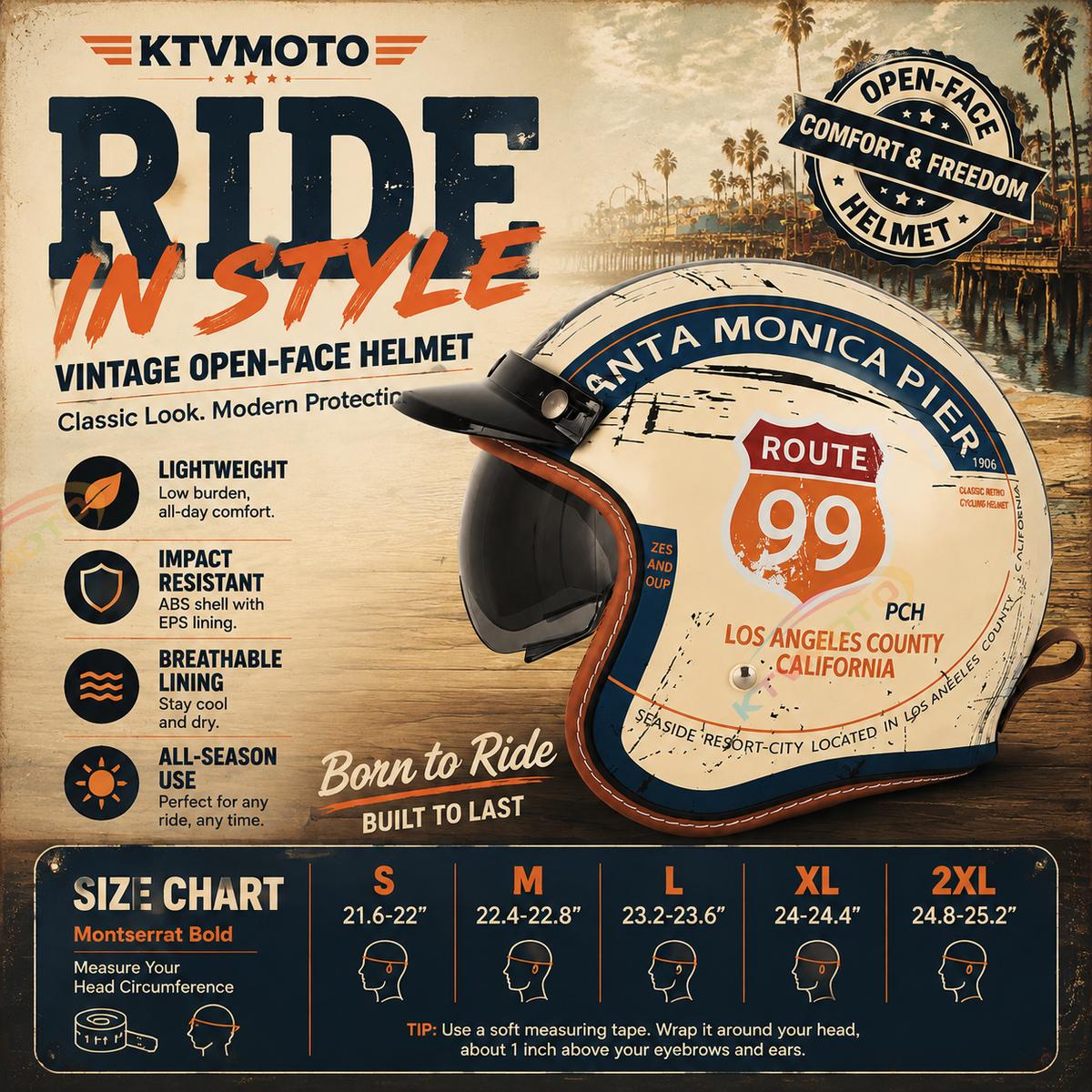 Retro Route 99 Open Face Motorcycle Helmet DOT Approved-I09