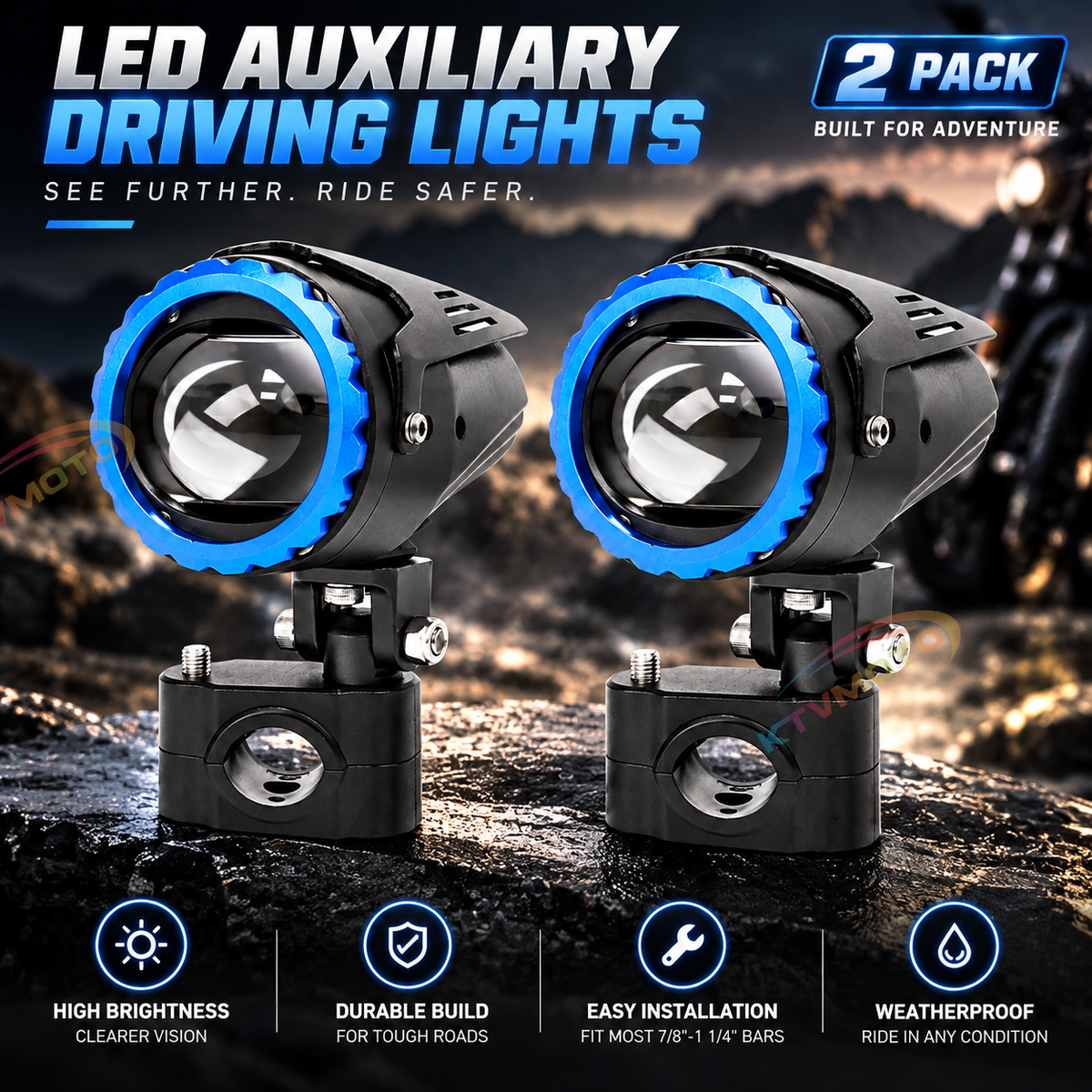 KTVMOTO Motorcycle LED Projector Fog Lights with Handlebar Mount-D31