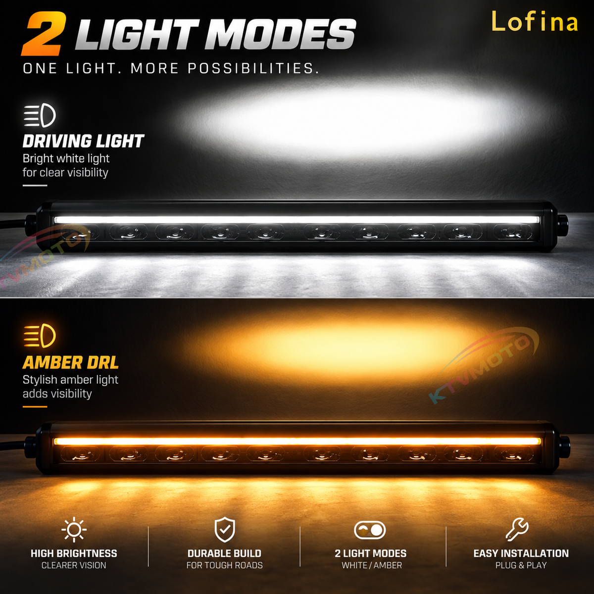 KTVMOTO Off-Road LED Light Bar with Amber DRL for Truck SUV ATV-D30