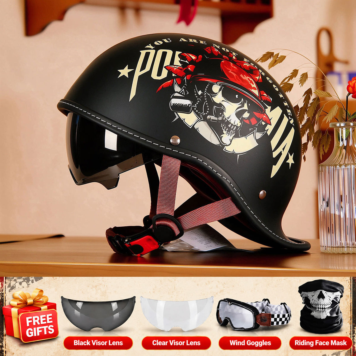 Retro-style motorcycle half-helmet with a ducktail design-I298