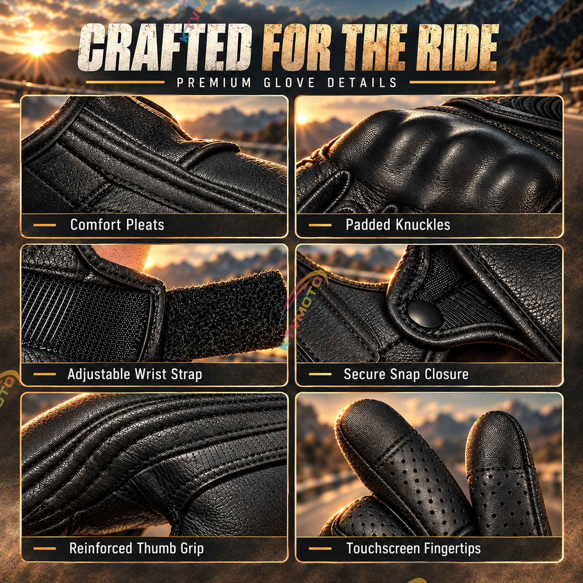 KTVMOTO Touchscreen Genuine Leather Motorcycle Riding Gloves - G105