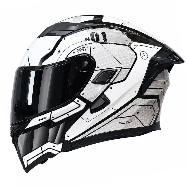 Flip-up motorcycle helmet with dual visors and a tinted rear spoiler-I149