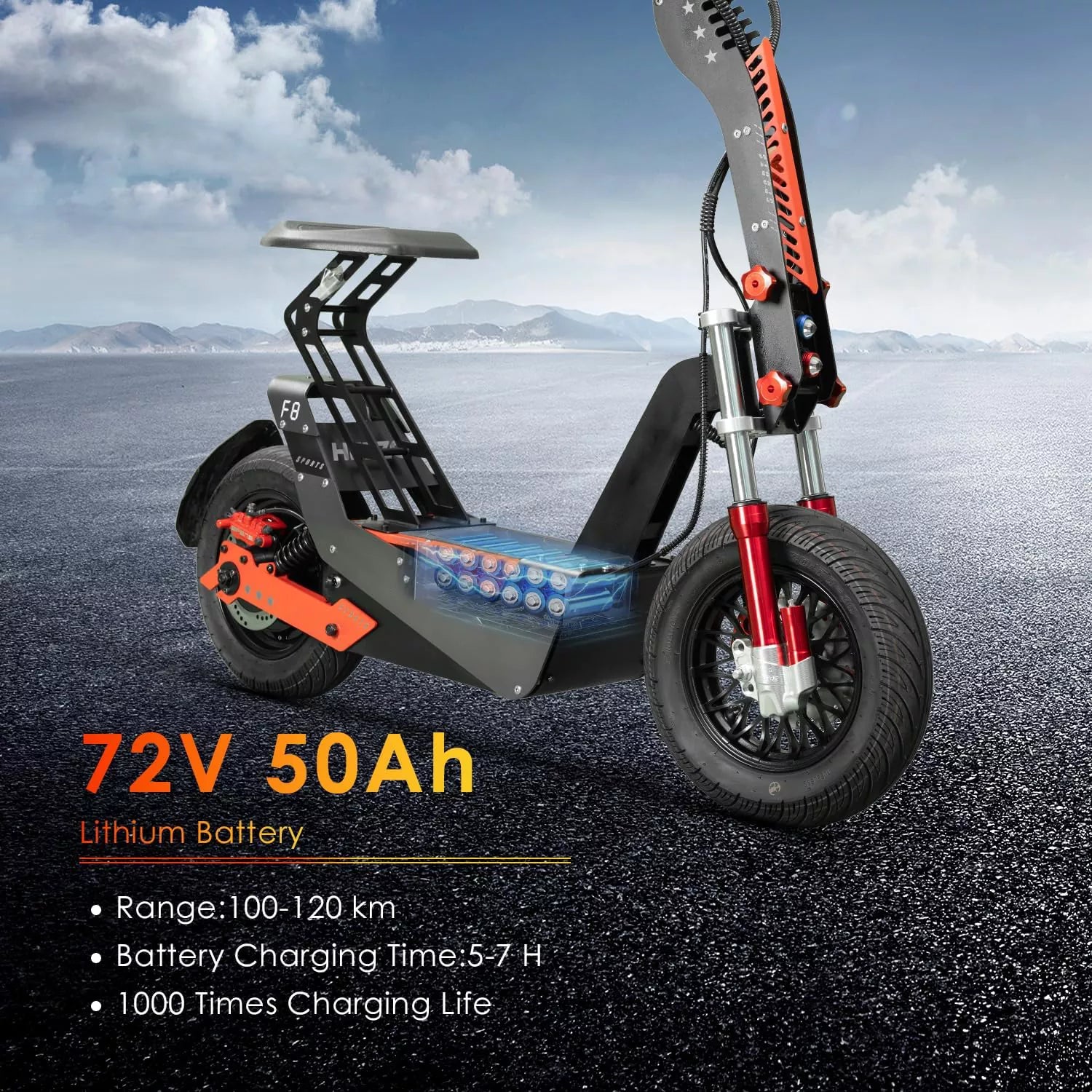 8000W electric scooter, 65 miles of range，Up to 75MPH -F8