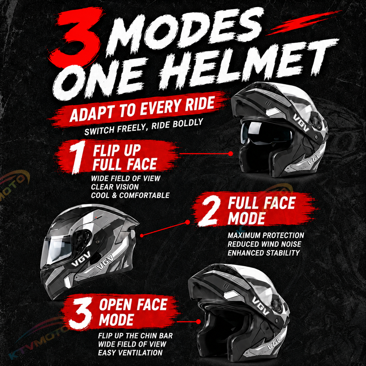 KTVMOTO Motorcycle colored lens flip helmet with built-in Bluetooth - I261