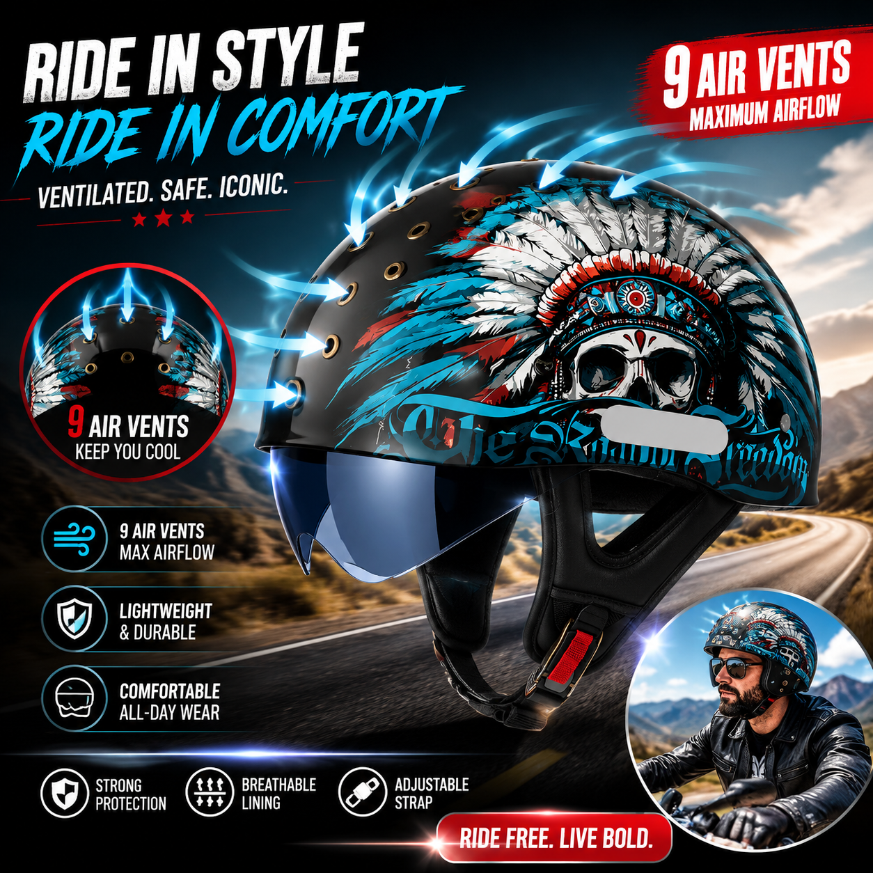 Retro half helmet with nine ventilation holes - I28