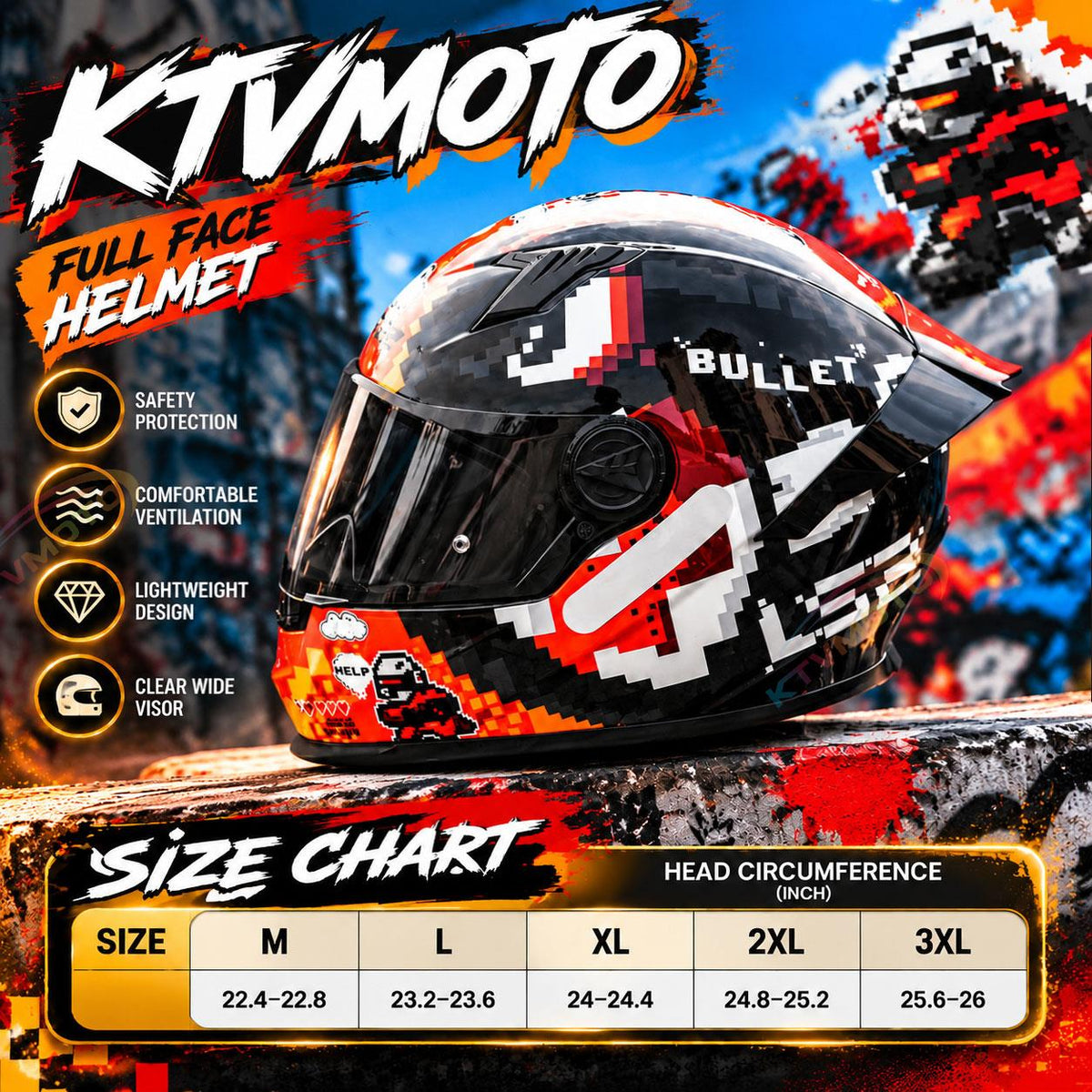 Full-face motorcycle helmet with a large rear spoiler and mosaic pattern-I312