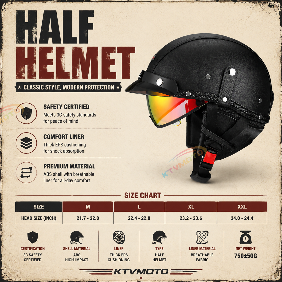 Retro open-back leather motorcycle helmet visor – I35
