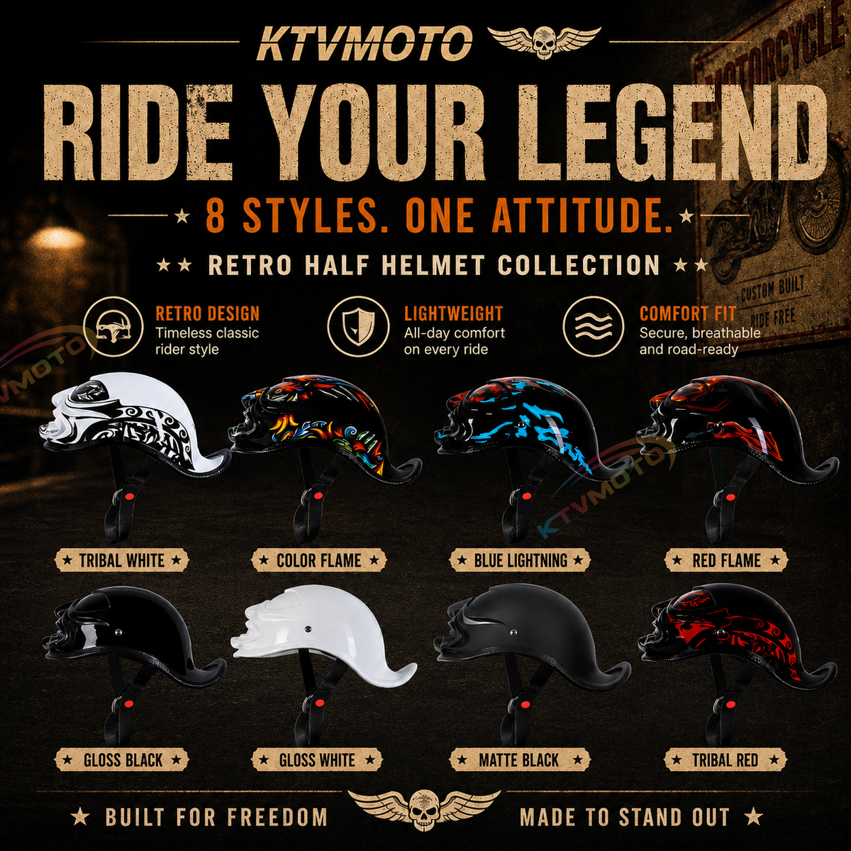 Classic ducktail motorcycle half-helmet Harley style — I41