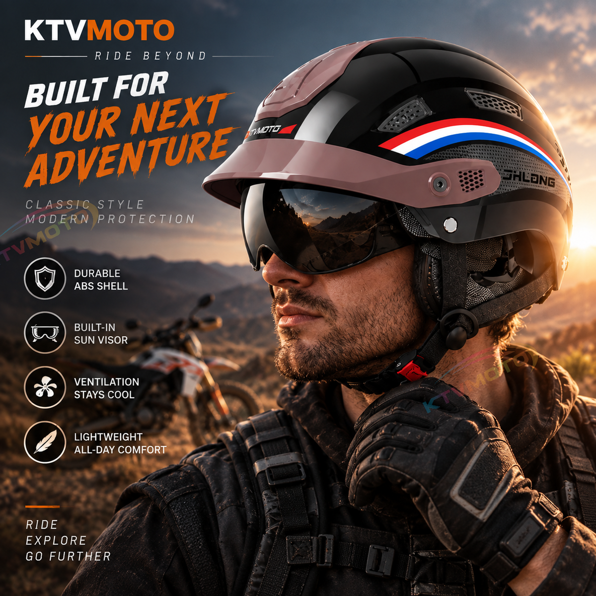 KTVMOTO Lightweight Motorcycle Half Helmet with Visor & Retro Design-I273