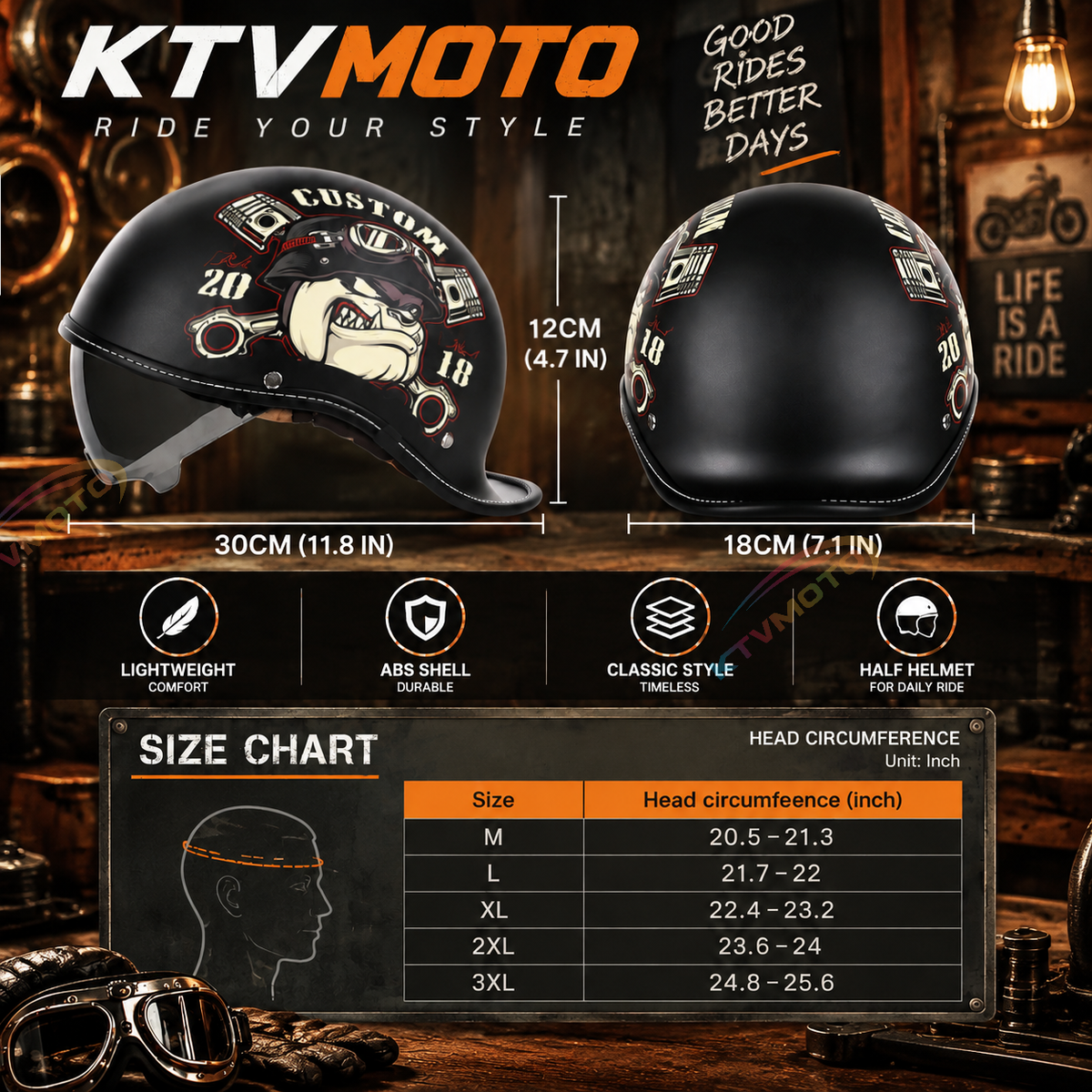 Retro-style motorcycle half-helmet with a ducktail design-I298
