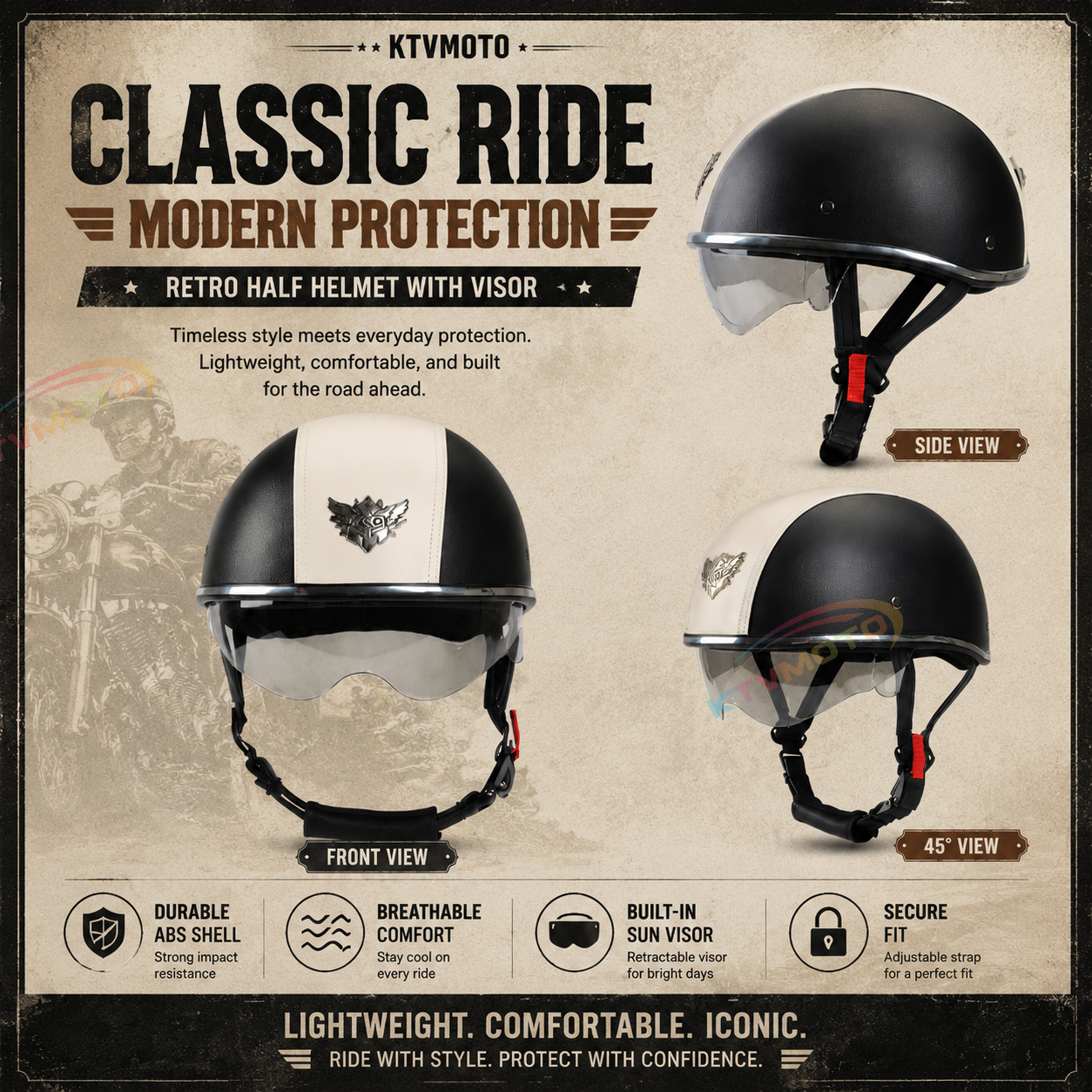 Retro two-tone cruiser motorcycle helmet with goggles-I23