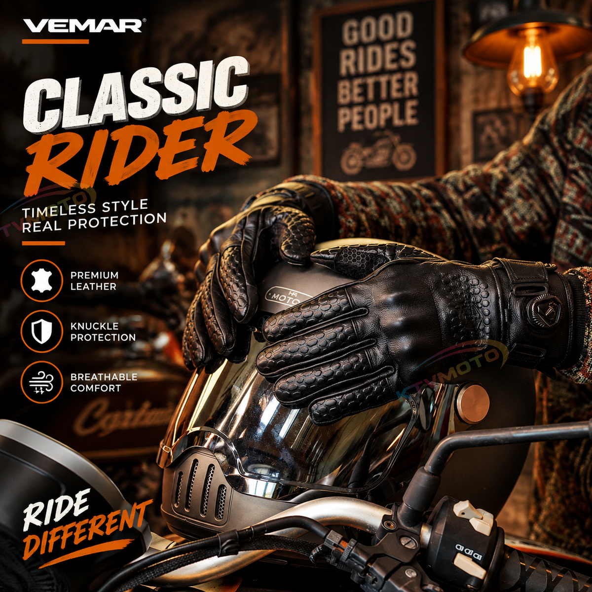 KTVMOTO Autumn/Winter Warm Retro Cowhide Motorcycle Gloves-G48