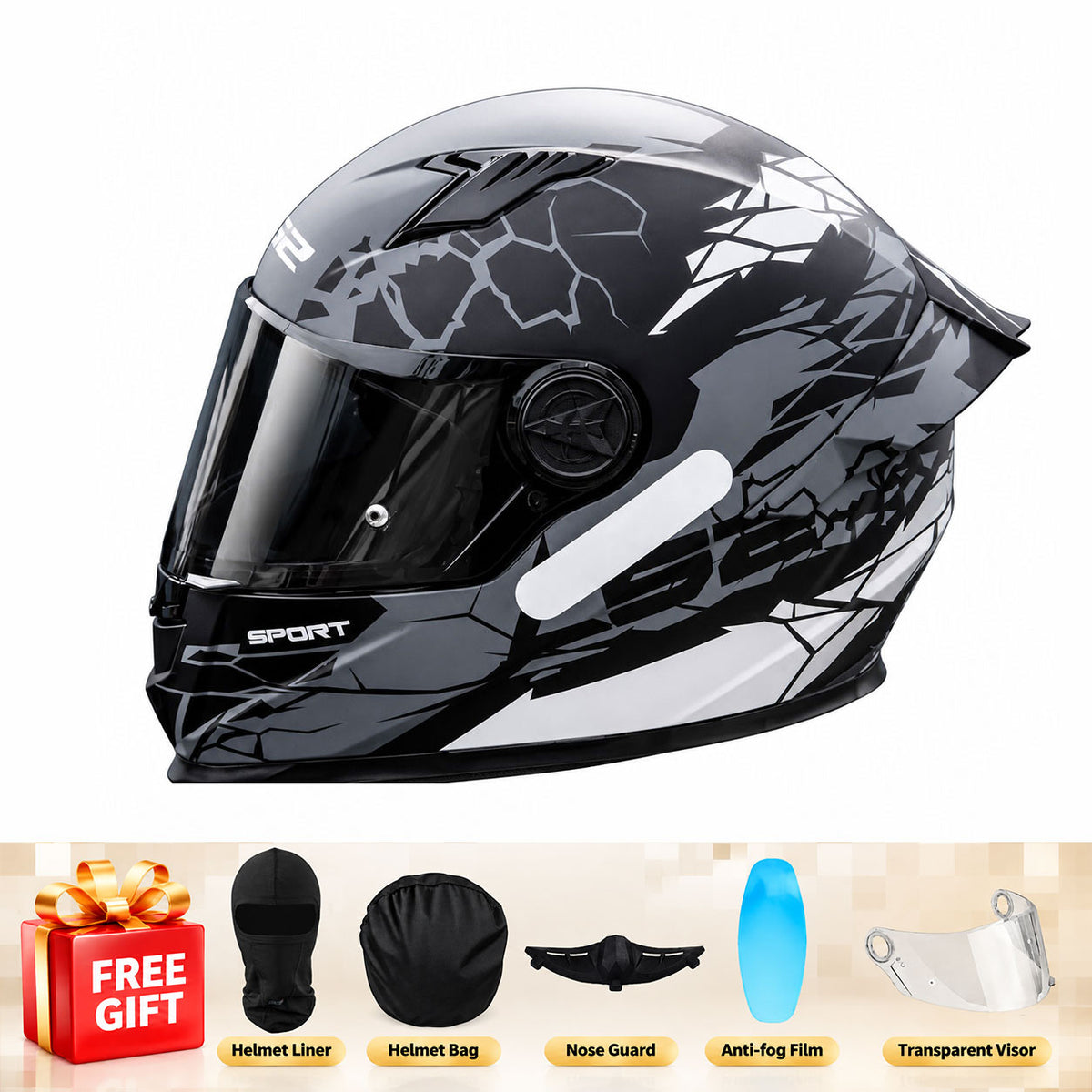 Full-face motorcycle helmet with a large rear spoiler and mosaic pattern-I312