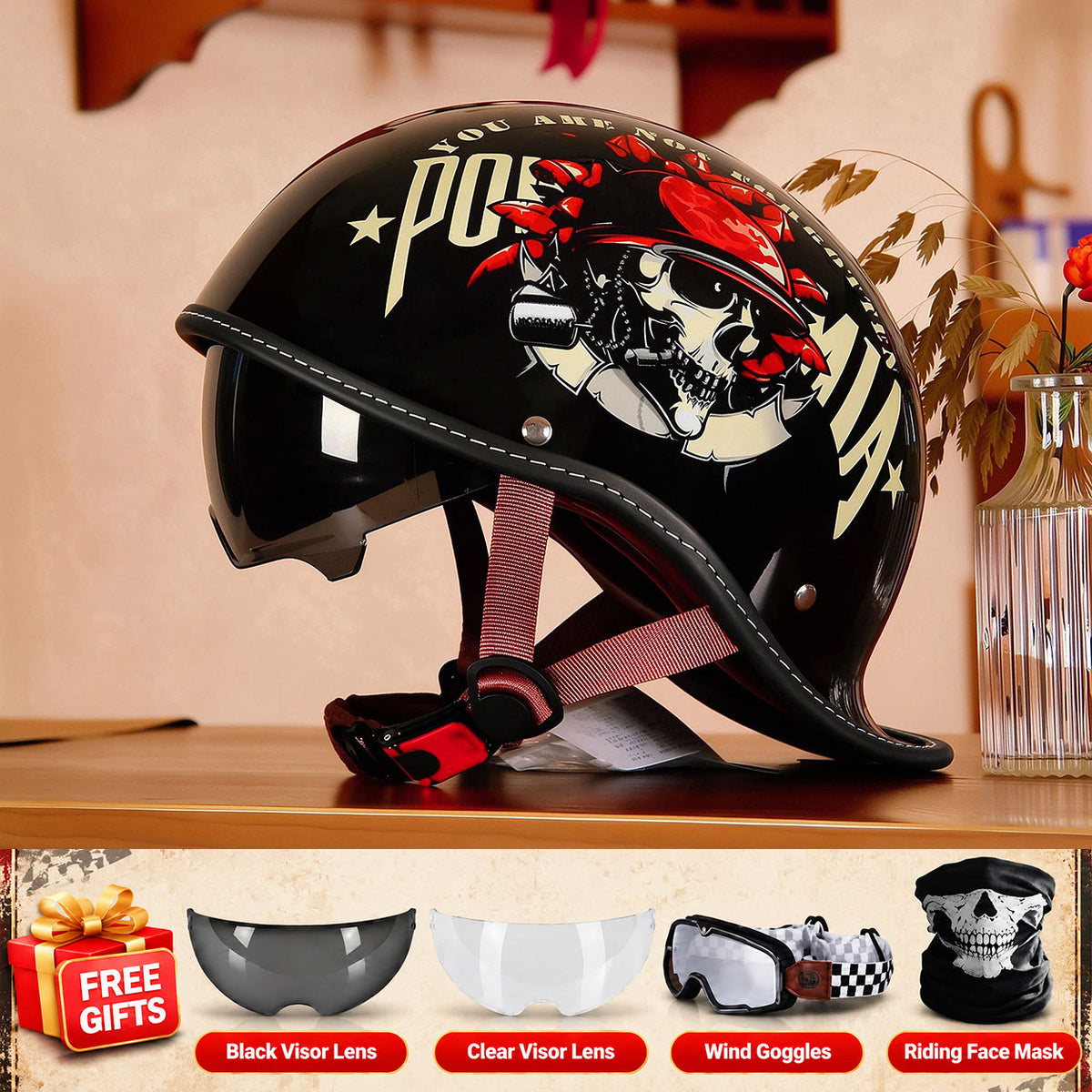 Retro-style motorcycle half-helmet with a ducktail design-I298