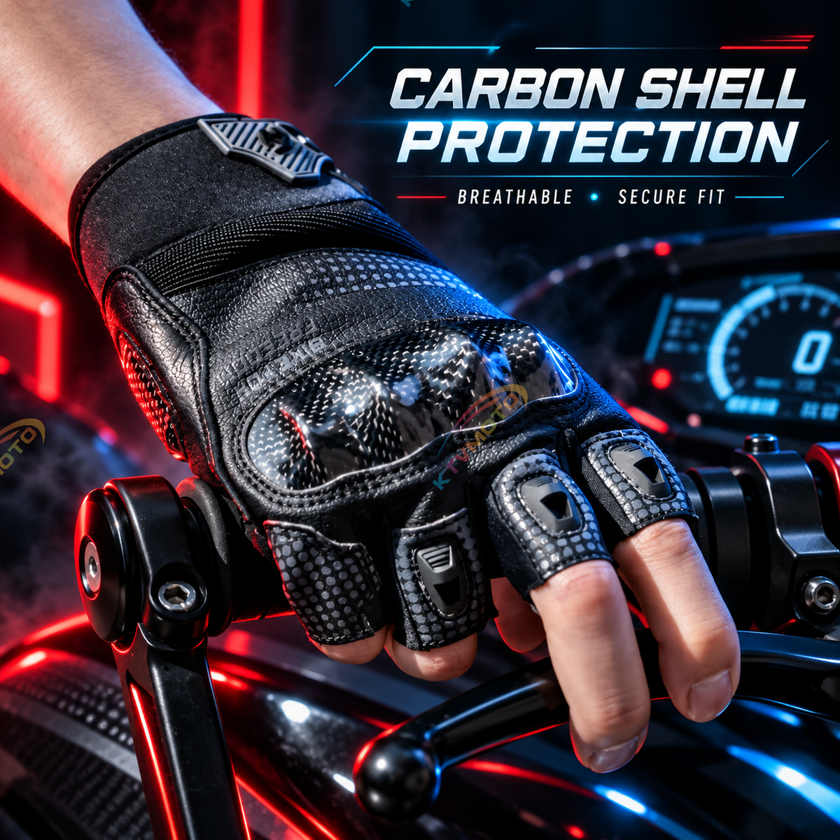 KTVMOTO Carbon Fiber Fingerless Motorcycle Gloves, Anti-Slip-G107