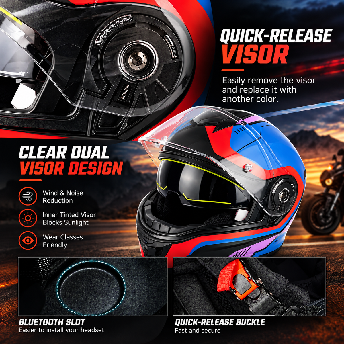 Big-Size Racing-Grade Modular Flip-Up Motorcycle Helmet with Dual-Visor Design - I290