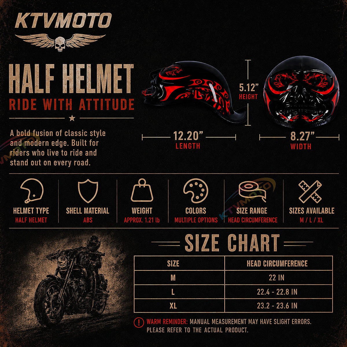 Classic ducktail motorcycle half-helmet Harley style — I41