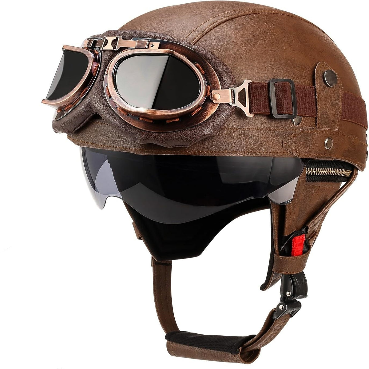 DOT Vintage Leather Motorcycle Helmet with Goggles- I06