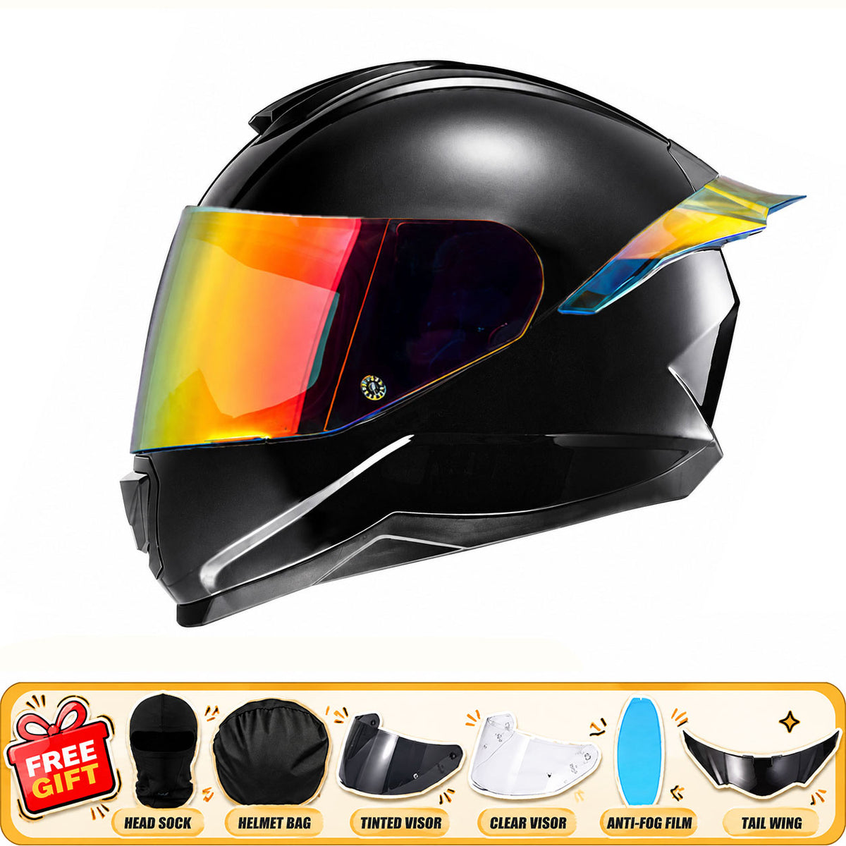Full-face motorcycle helmet with anti-fog visor and large rear spoiler-I310