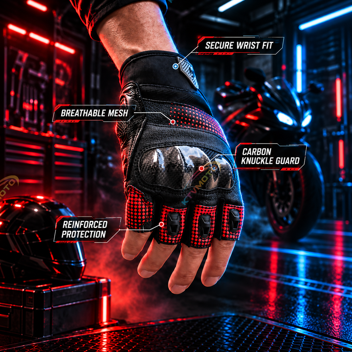 KTVMOTO Carbon Fiber Fingerless Motorcycle Gloves, Anti-Slip-G107