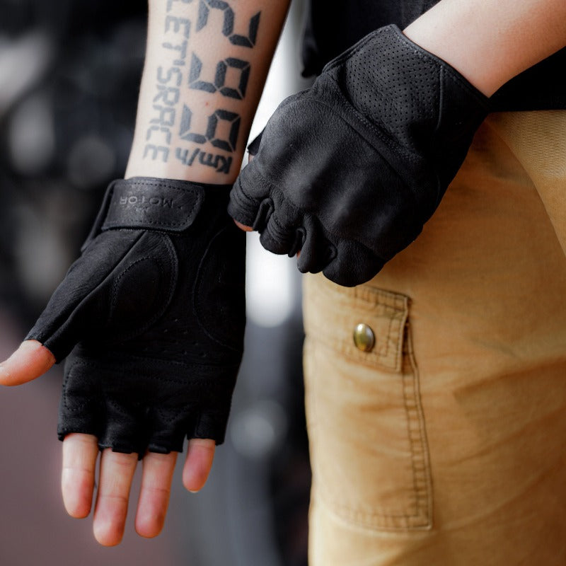 Retro Motorcycle Rider Genuine Leather Half-Finger Gloves - G37