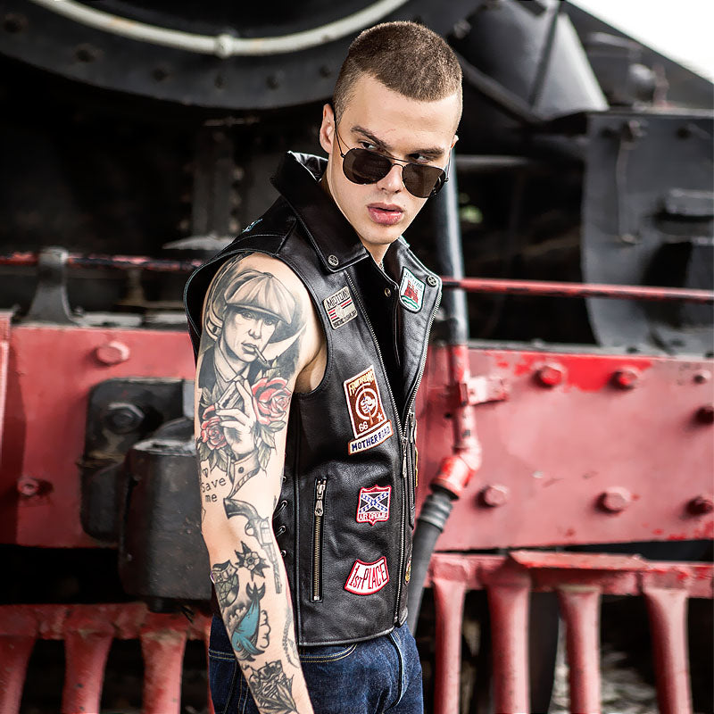 Harley vest embroidered lapel cowhide vest-A26