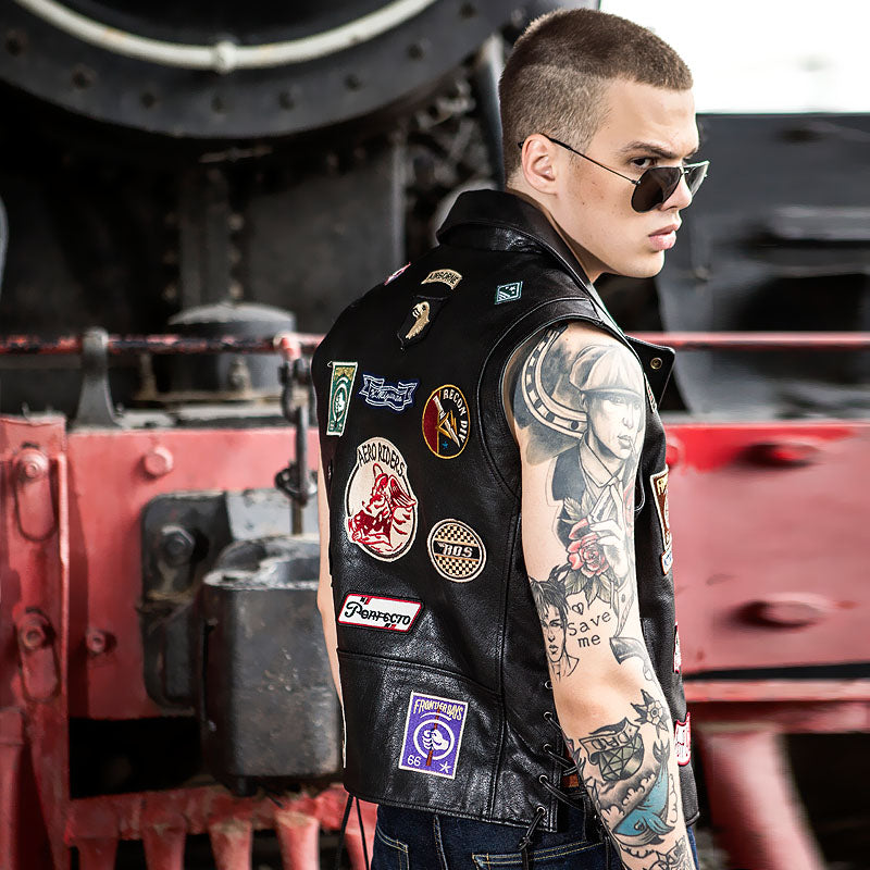 Harley vest embroidered lapel cowhide vest-A26