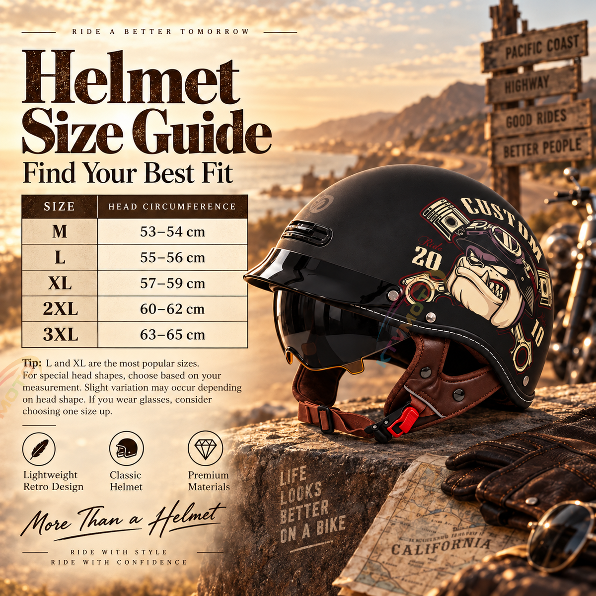 KTVMOTO Retro Motorcycle Half Helmet with ABS Shell & EPS Liner-I302