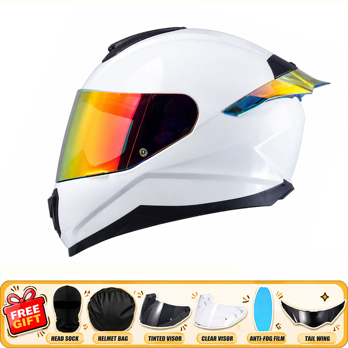 Full-face motorcycle helmet with anti-fog visor and large rear spoiler-I310