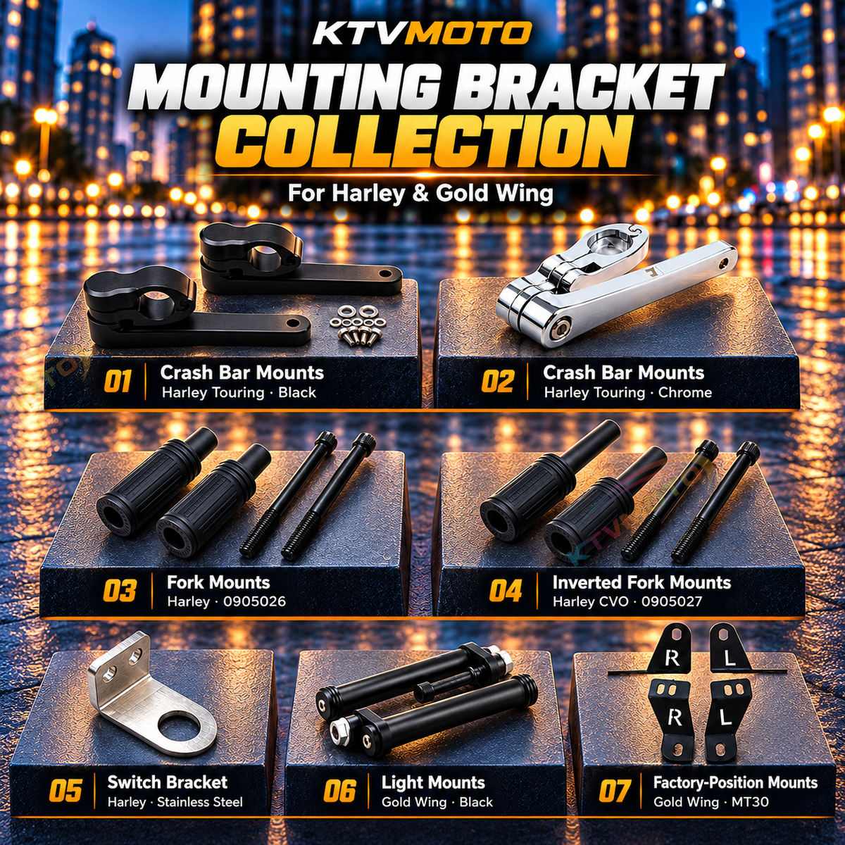 KTVMOTO Harley & Gold Wing GL1800 Auxiliary Light Mount Brackets-ML17