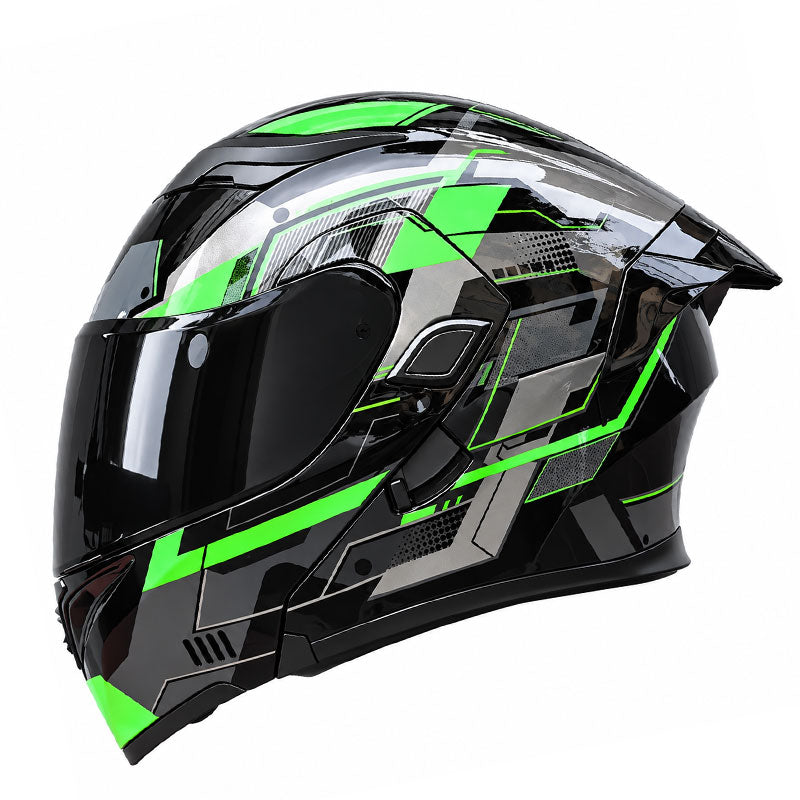 Flip-up motorcycle helmet with dual visors and a tinted rear spoiler-I149