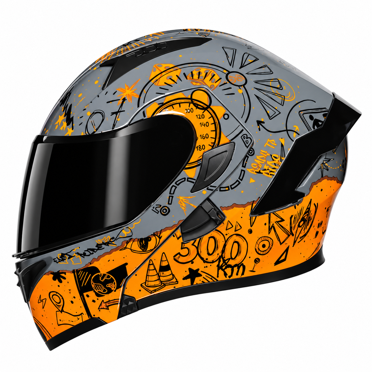Vibrant Graffiti Dual-Visor Modular Motorcycle Helmet with Rear Spoiler-I154