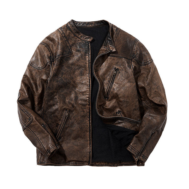 Retro venom motorcycle stand-up collar top-grain cowhide plus size leather jacket-A57