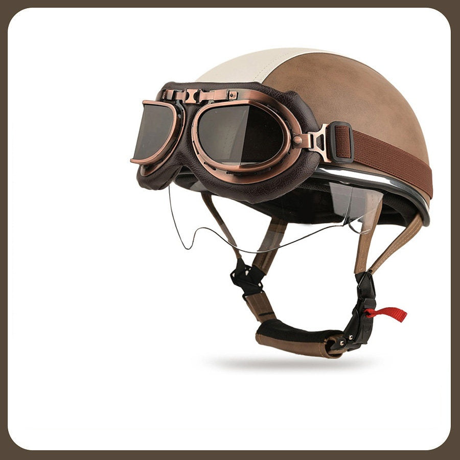 Retro two-tone cruiser motorcycle helmet with goggles-I23