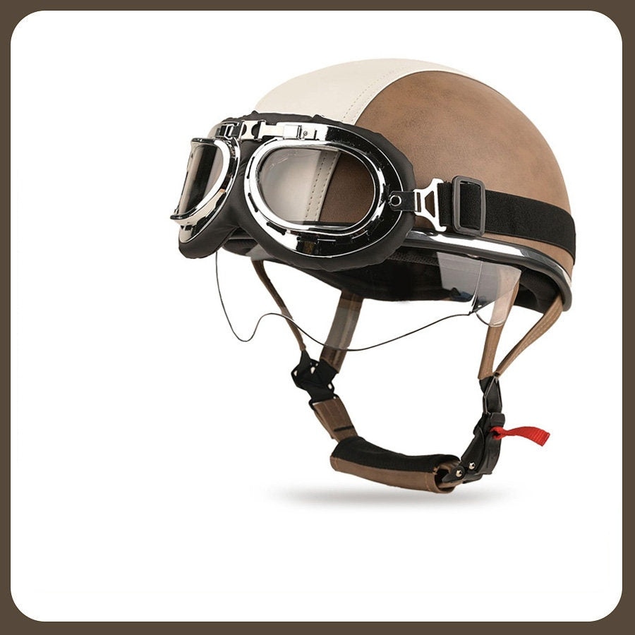 Retro two-tone cruiser motorcycle helmet with goggles-I23