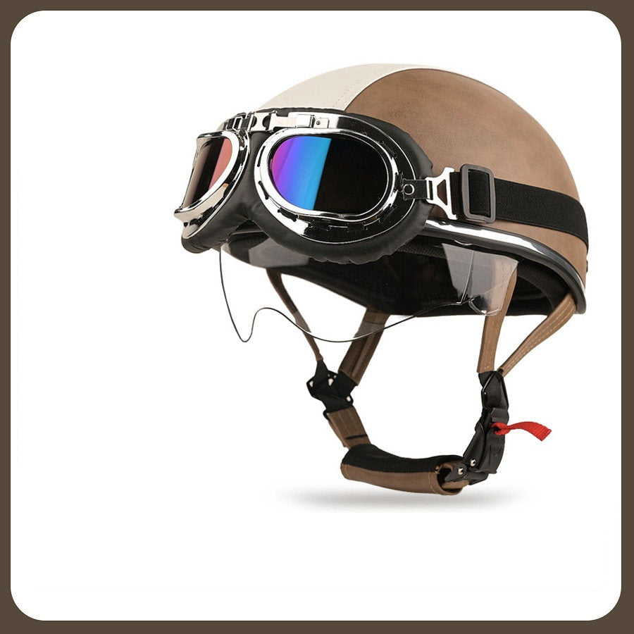 Retro two-tone cruiser motorcycle helmet with goggles-I23