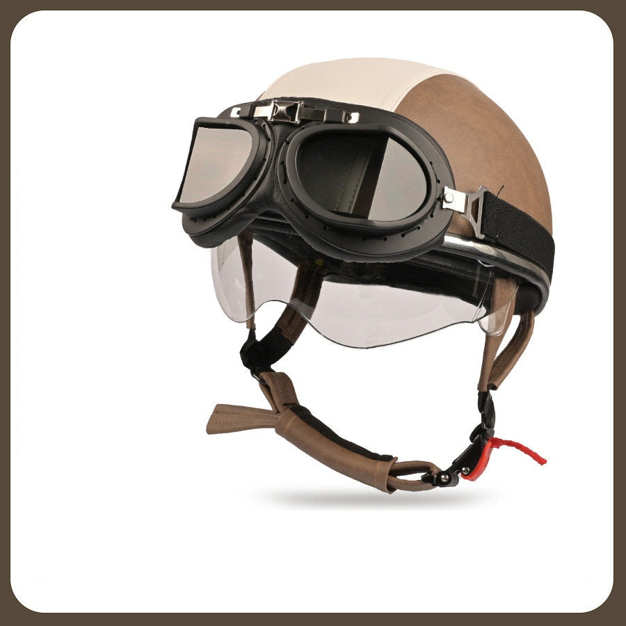 Retro two-tone cruiser motorcycle helmet with goggles-I23