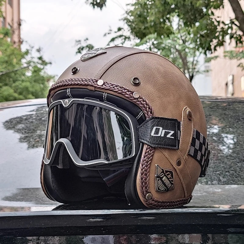 Matte Leather Retro Motorcycle Half Helmet-I19