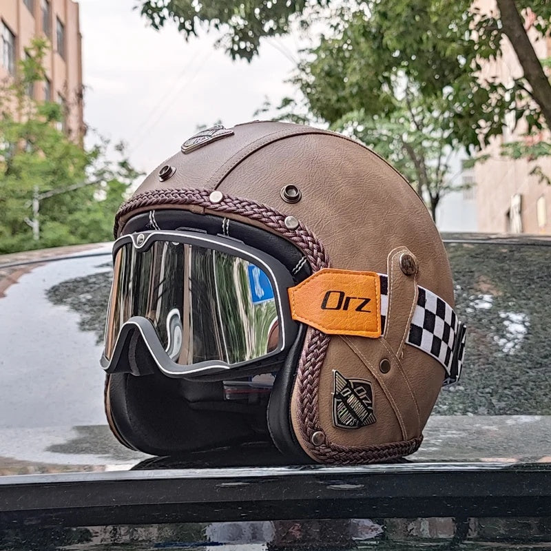 Matte Leather Retro Motorcycle Half Helmet-I19