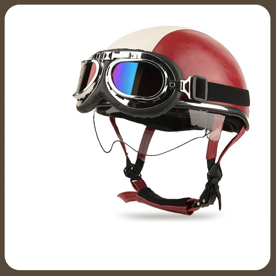 Retro two-tone cruiser motorcycle helmet with goggles-I23