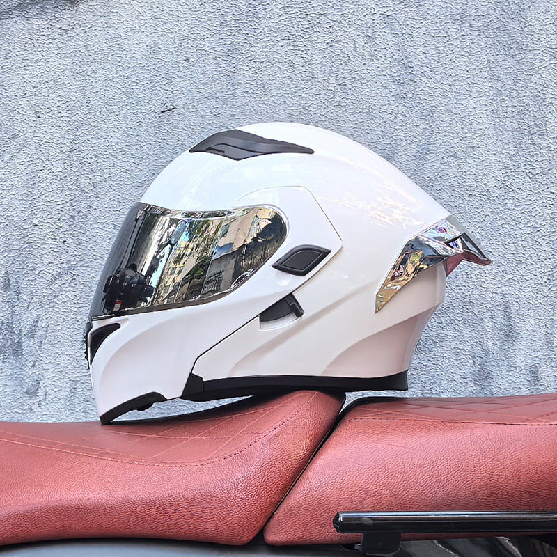 Motorcycle flip-up helmet with dual visors and silver rear spoiler-I150