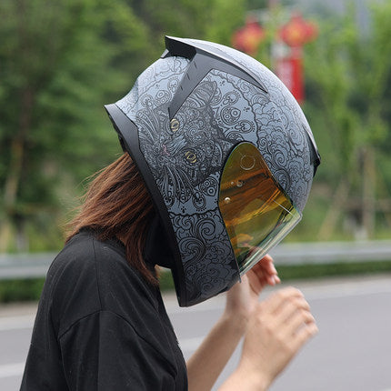 Gold-finish full-face motorcycle helmet with dual visors-I207