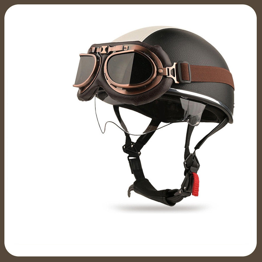 Retro two-tone cruiser motorcycle helmet with goggles-I23