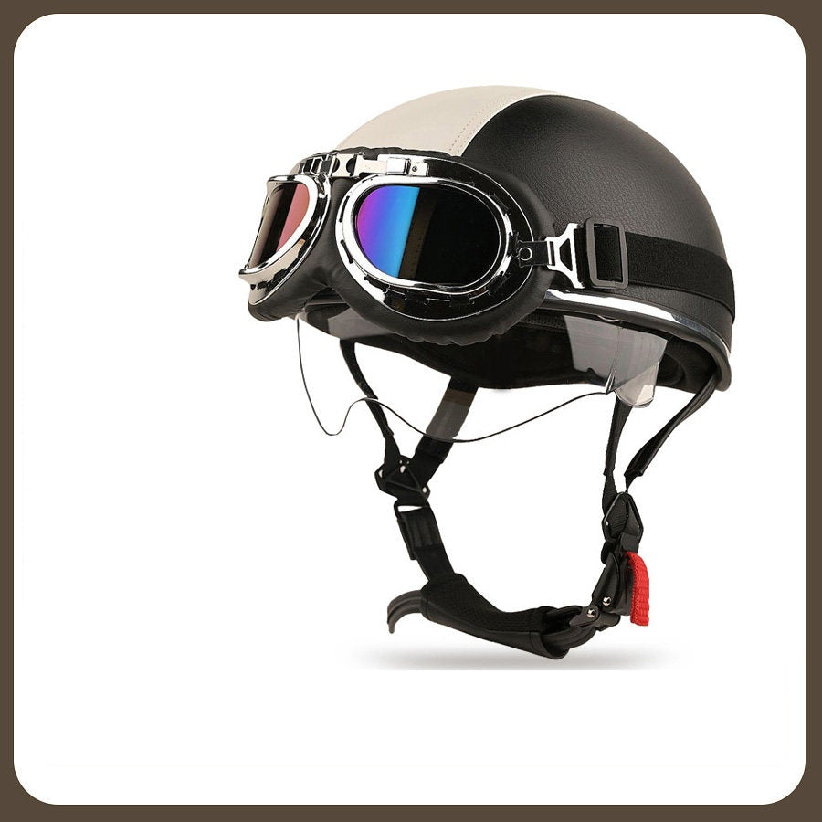 Retro two-tone cruiser motorcycle helmet with goggles-I23