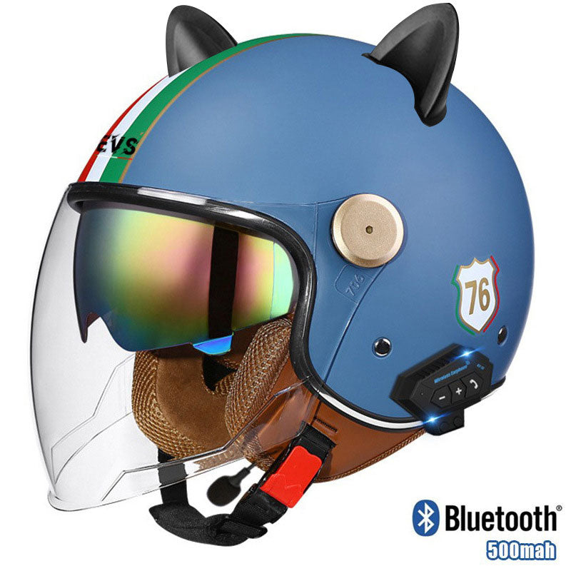 blue cat motorcycle helmet Cat-Ear Open-Face Motorcycle Helmet with Bluetooth Function-I67